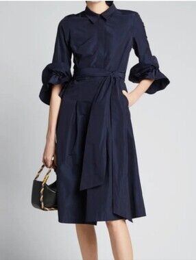 Lafayette 148 New York Hughes Midi Shirtdress Dress Navy Blue Ruffle Cuffs L